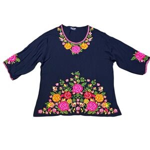 Royal Moda Navy Peasant Blouse Embroidered Floral 2XL  Boho
